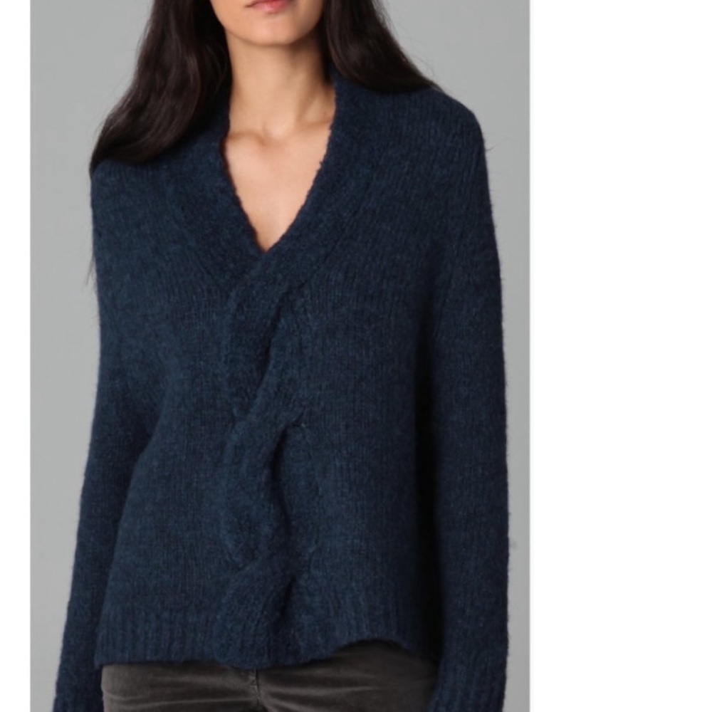 Theory Gray V-Neck Vivini Cable Knit Twist Sweater in Alpaca Wool Sz M - Picture 2 of 12